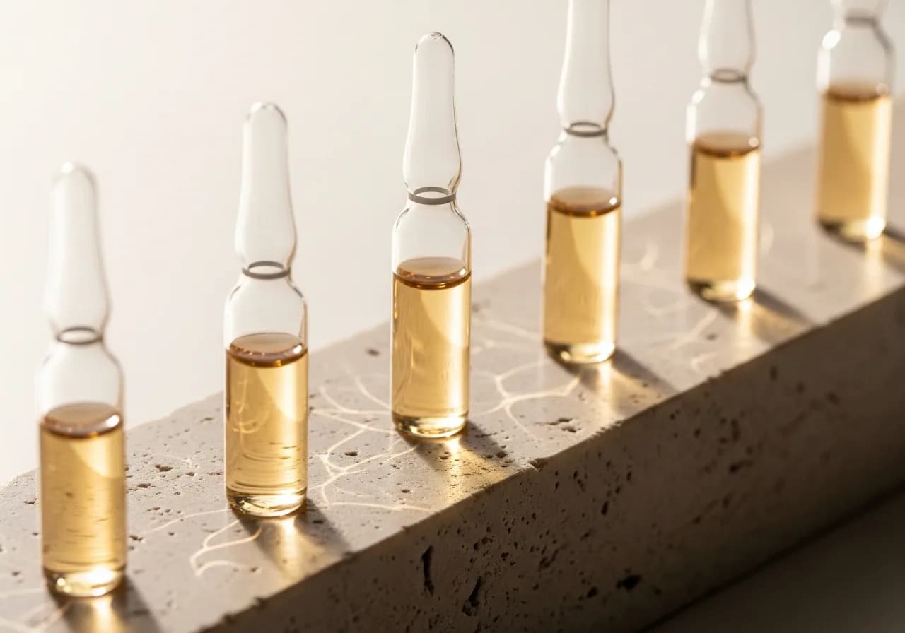 A row of slim glass ampoules of pale amber serum standing in polished pale stone, warm light throwing caustics across it