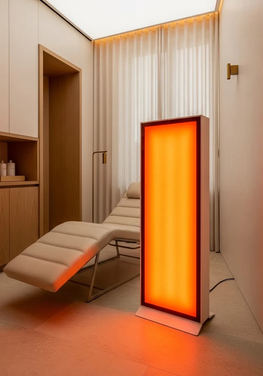 A tall slim red light therapy panel glowing warm amber in a private treatment room, casting warm light across a travertine floor and a pale lounger