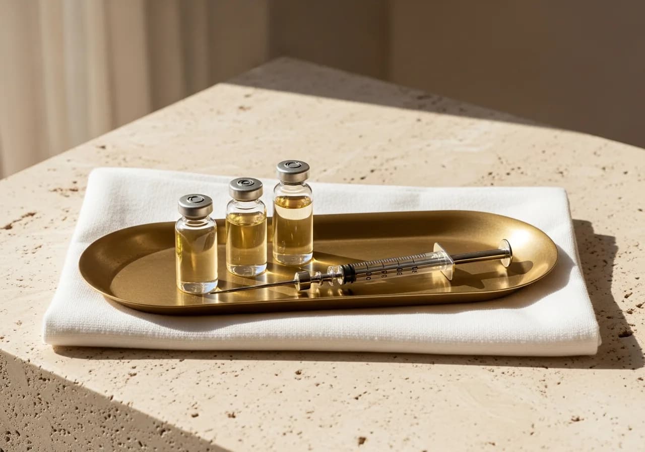 Prepared brass treatment tray holding vials and a syringe