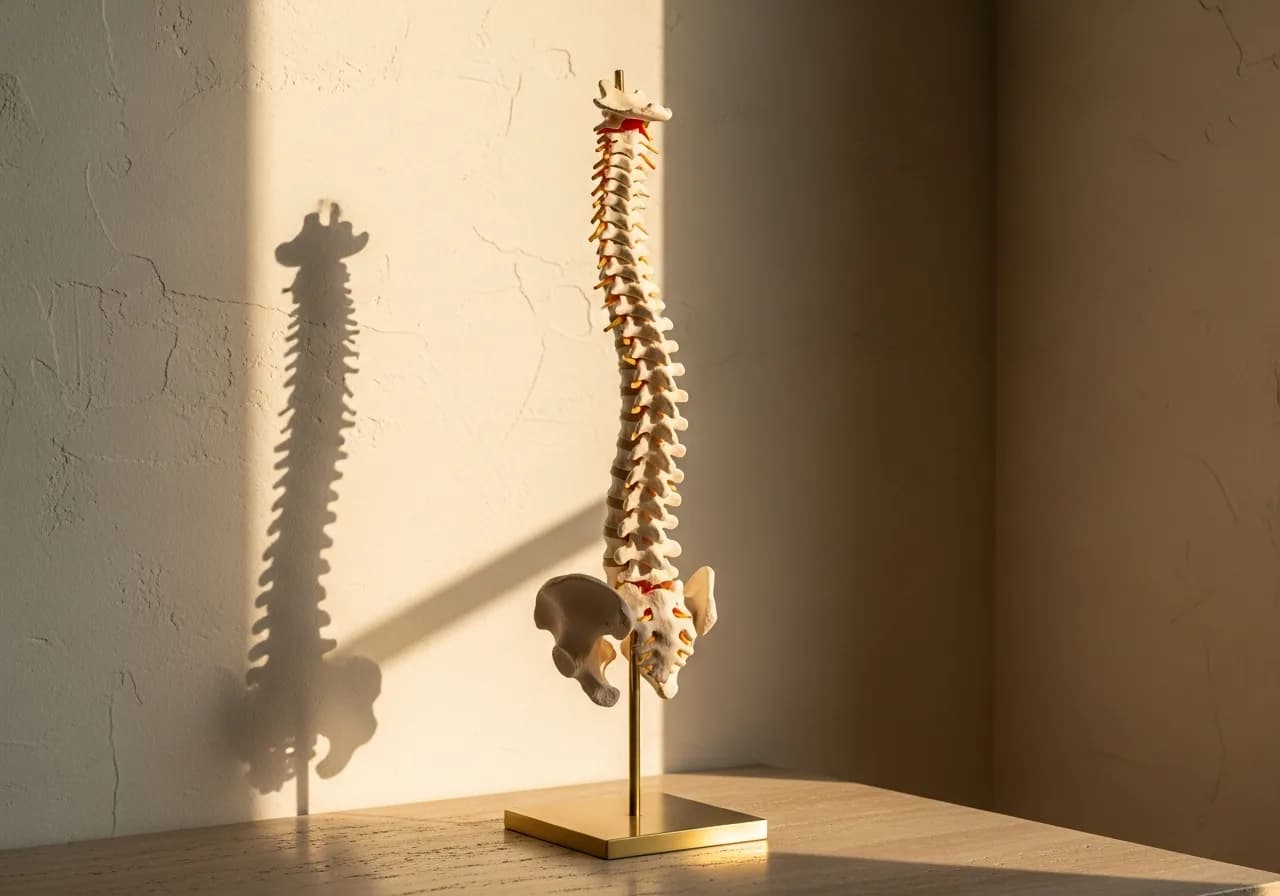 Anatomical model of the spine on a slender brass base