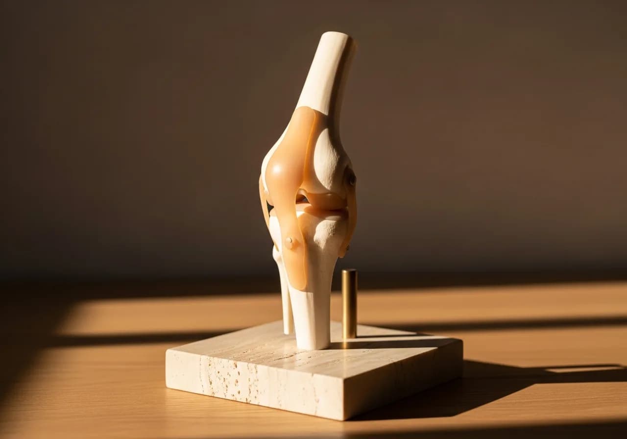Anatomical model of a knee joint on a travertine plinth