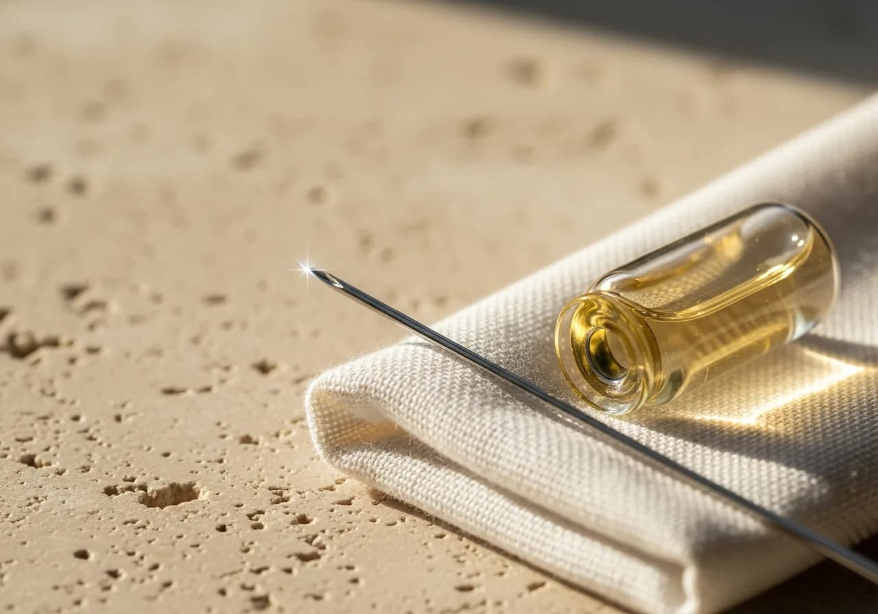 Fine needle and a small vial of serum on folded linen