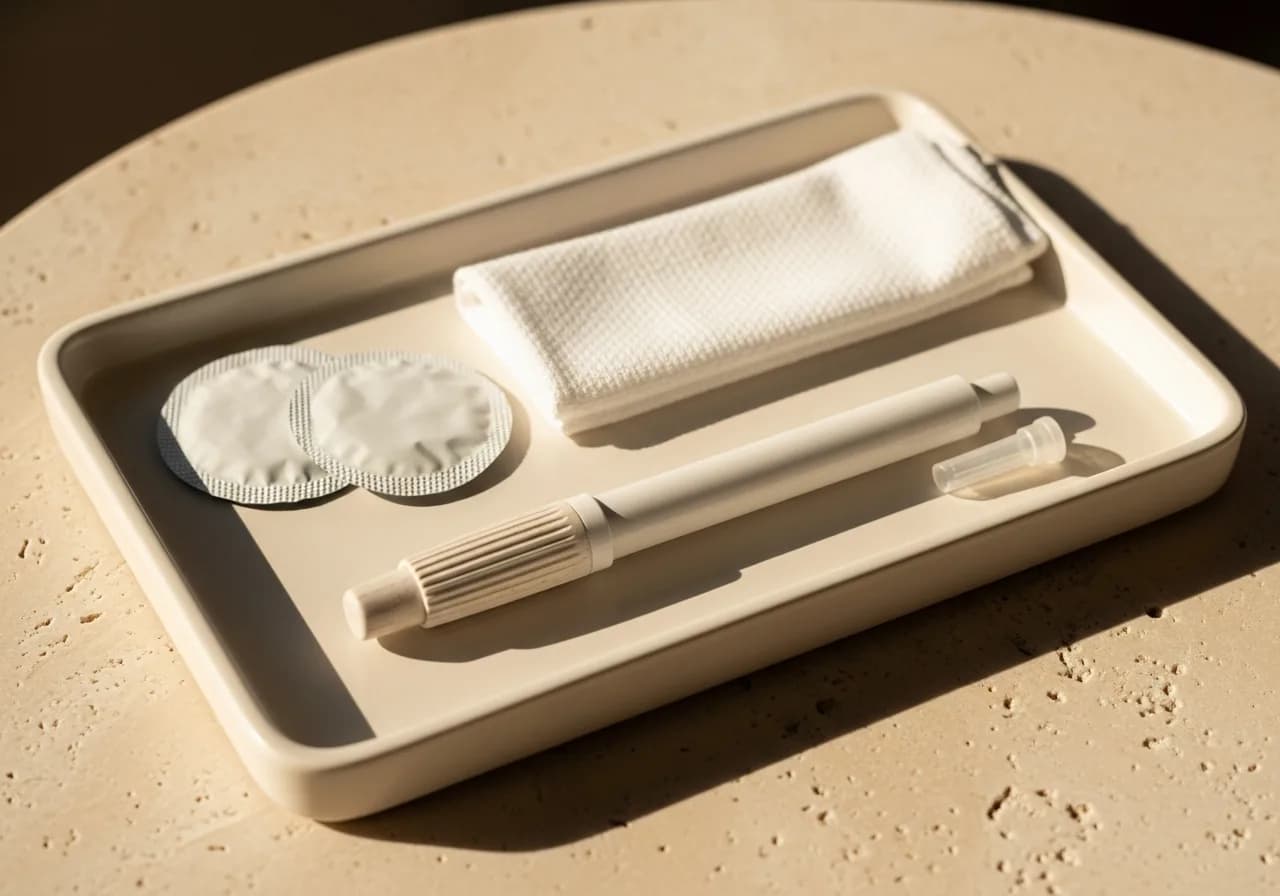A prepared tray holding an unmarked injection pen, its needle cap, alcohol swabs and a folded cloth