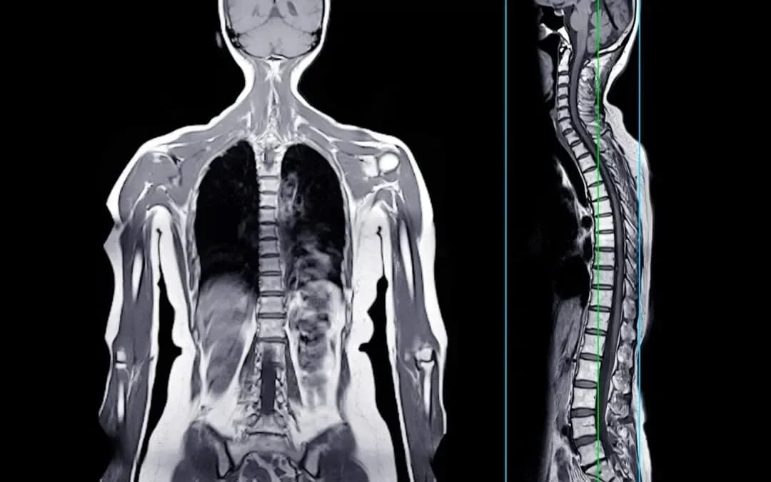 Whole-body MRI images against black: a coronal view showing the brain, chest, abdomen and arms beside a sagittal view of the cervical, thoracic and lumbar spine