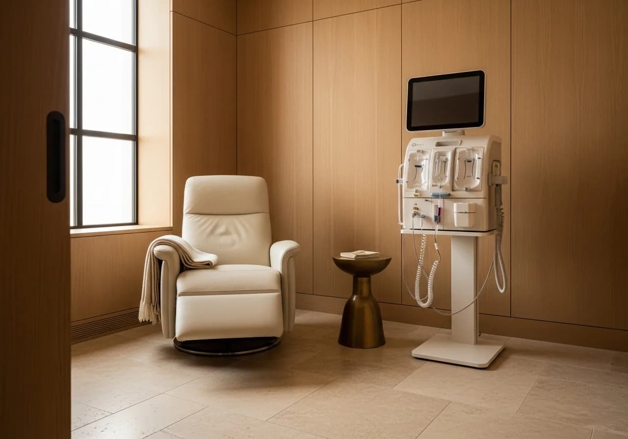 A private treatment room: a cream leather recliner with a folded throw beside an apheresis machine on a slim stand with its tubing coiled, warm oak panelling and a travertine floor