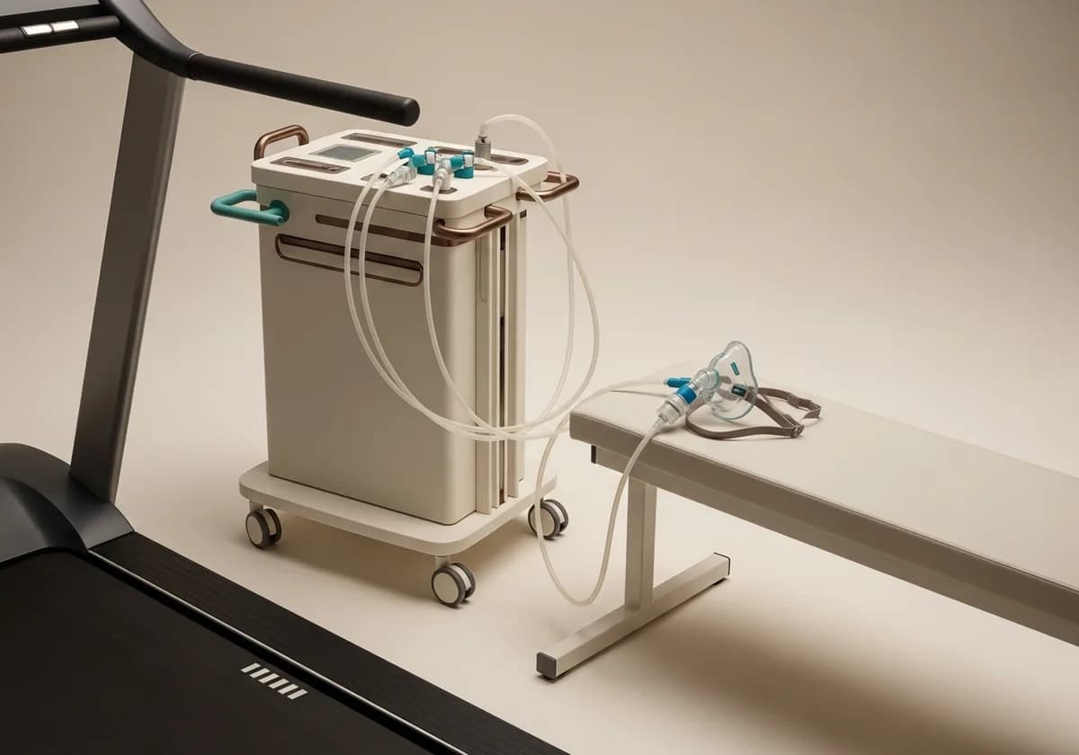 A treadmill and metabolic cart with a breathing mask, set up for a VO2 max test