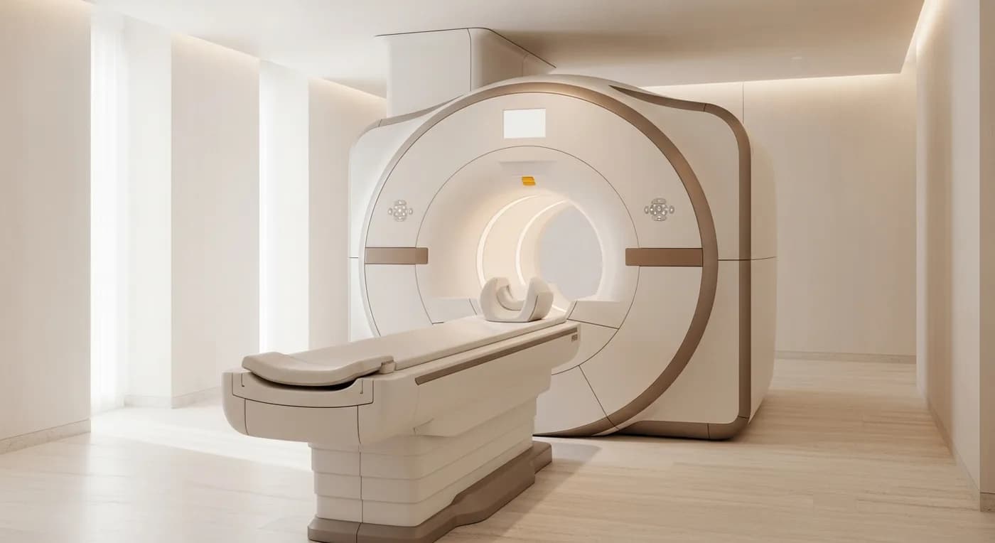 A full-body MRI scanner and couch in a warm imaging room