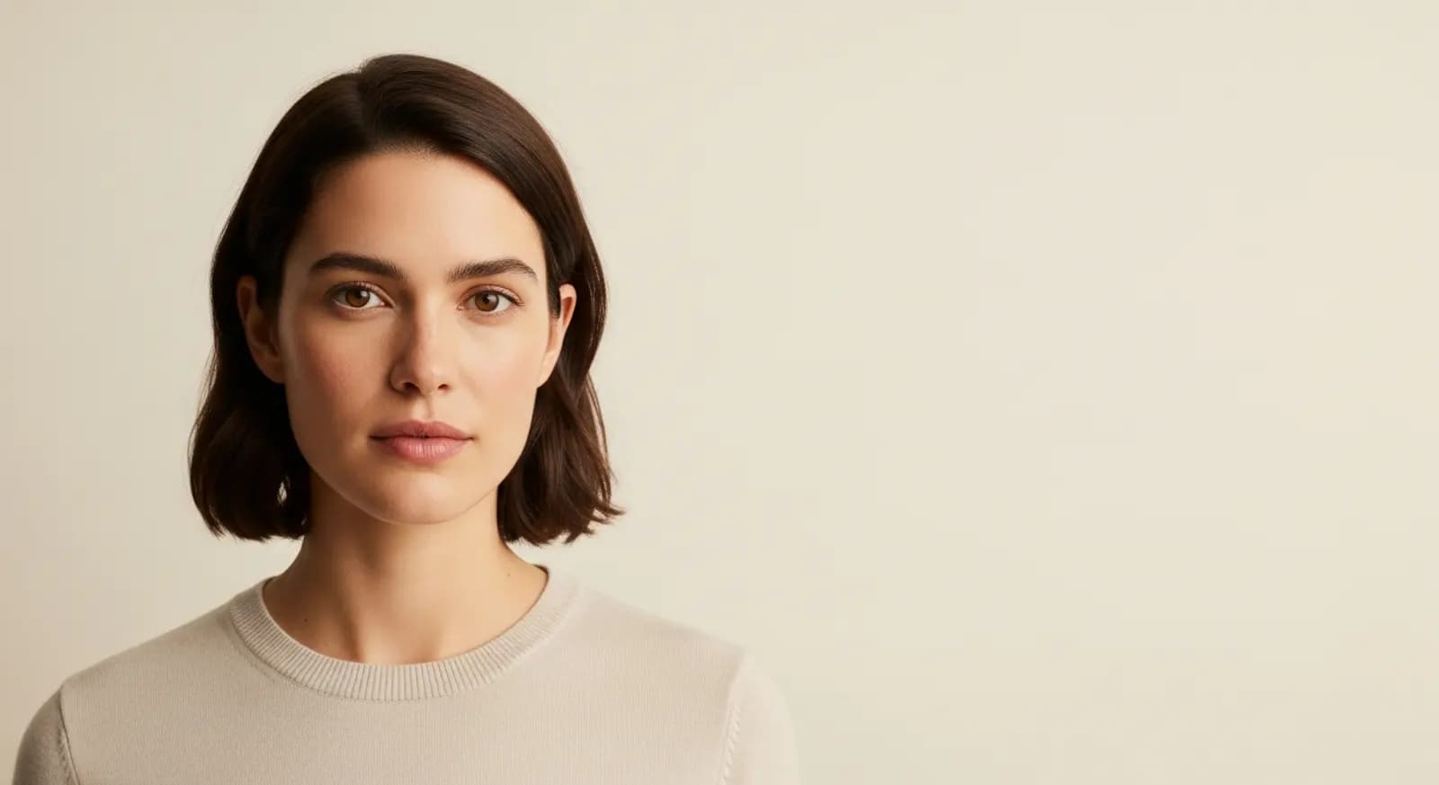 A person photographed from the front against a warm neutral ground, shoulders and head in frame.