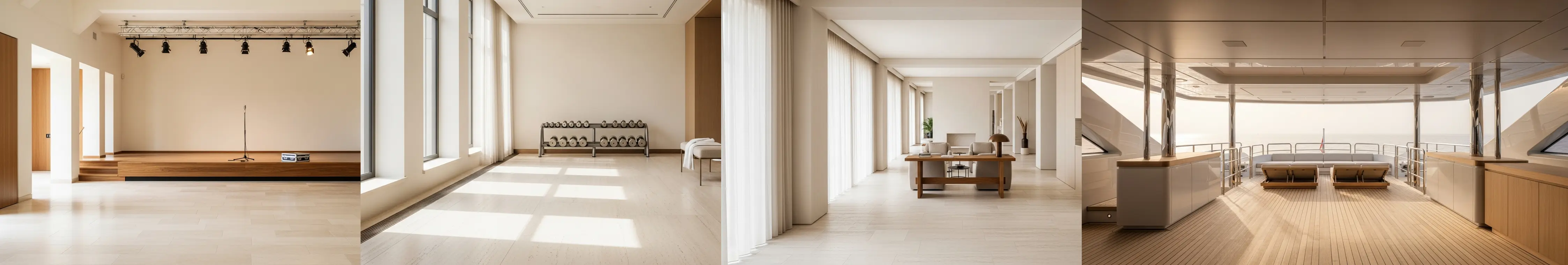One continuous interior in which four settings run into each other without a break: the empty stage of a concert hall, a private training floor, a residence arranged for an appointment, and the open foredeck of a yacht at sea.